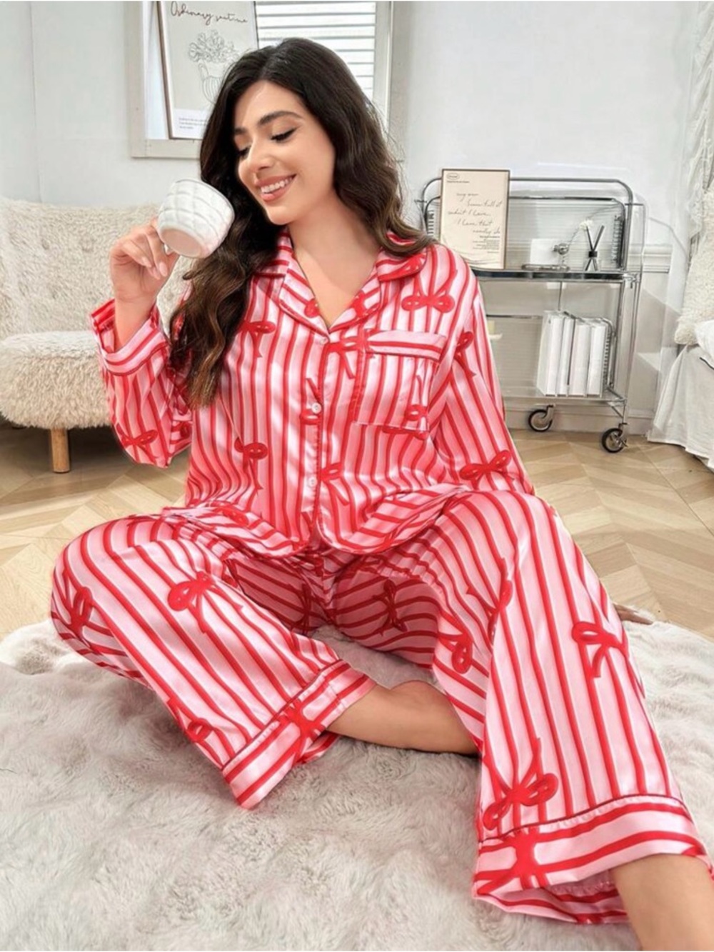 SHEIN Red & White Striped Satin Pajama Set with Bow Detail